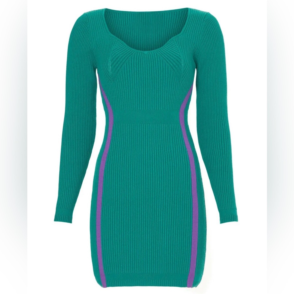 Hervé Leger-Teal+purple bodycon ribbed hourglass mini knit dress.Size XL
